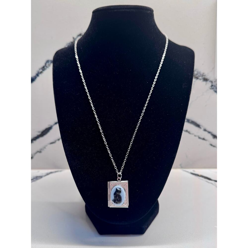 Black Cat Cameo Book Locket Necklace Gothic Witchy